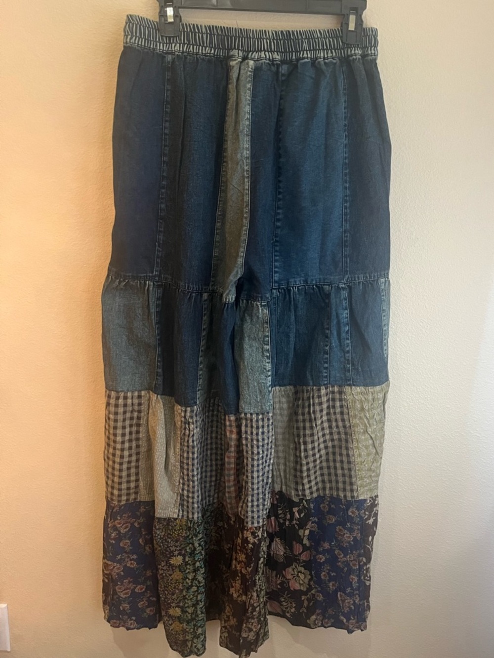 Patchwork Wide Leg Pants in Denim & Floral